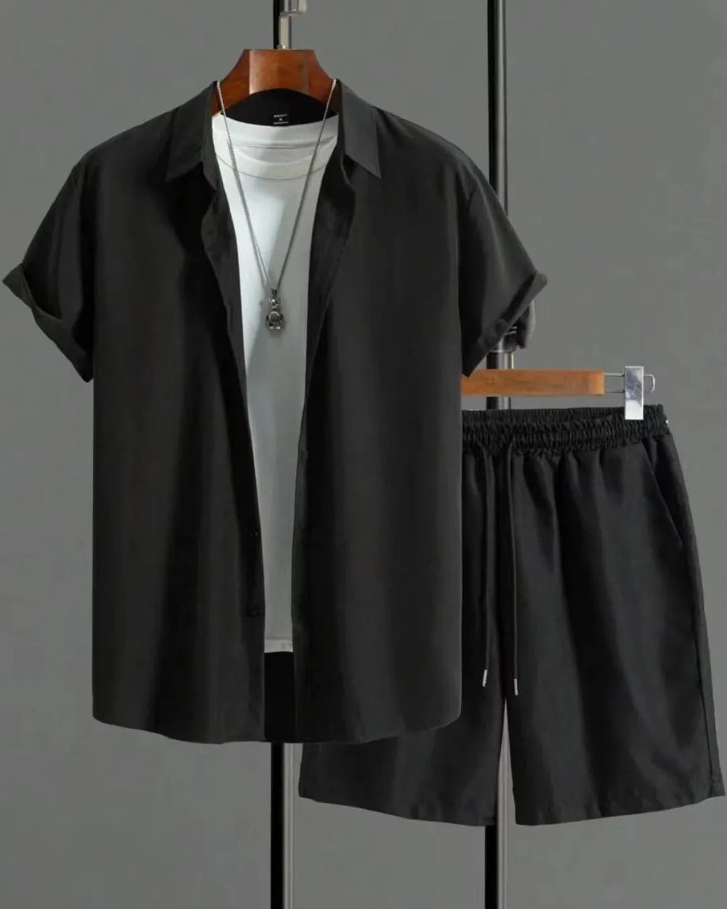 Mens black and white jacquard short sleeve suit set with shorts