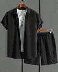 Mens black and white jacquard short sleeve suit set with shorts