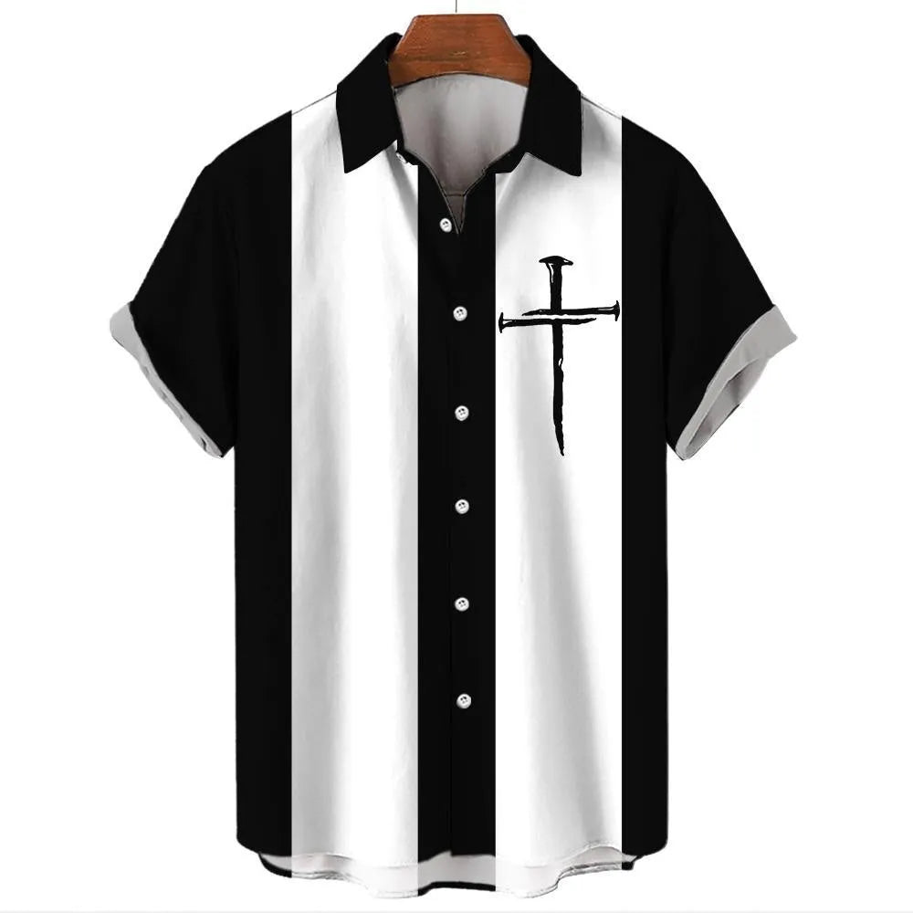 Men's striped Hawaiian shirt in polyester with button front and short sleeves