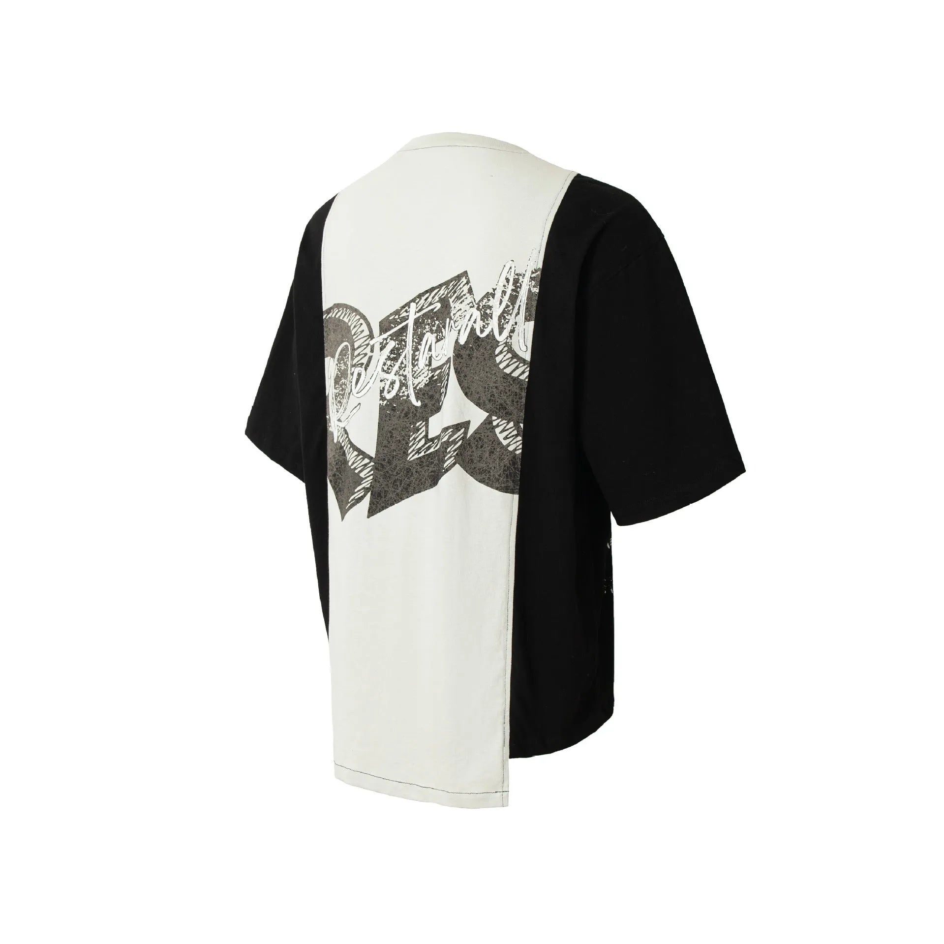 Black and white deconstruction collage printed t-shirt with short sleeves and loose fit.