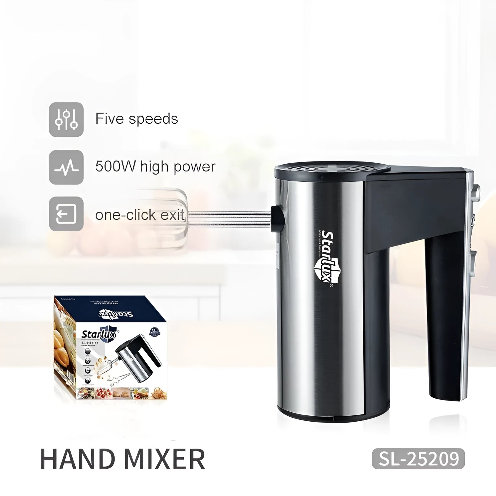 SL-25209 colour electric hand whisk with mixing attachments on white background