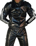 Hooded black PU leather sports set for men with long sleeve jacket and trousers on model