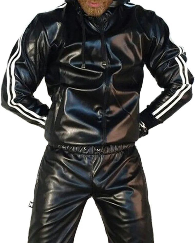 Hooded black PU leather sports set for men with long sleeve jacket and trousers on model