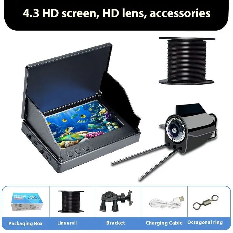 Fish finder underwater camera with 4.3 inch screen, showing HD underwater view with night vision lights on.