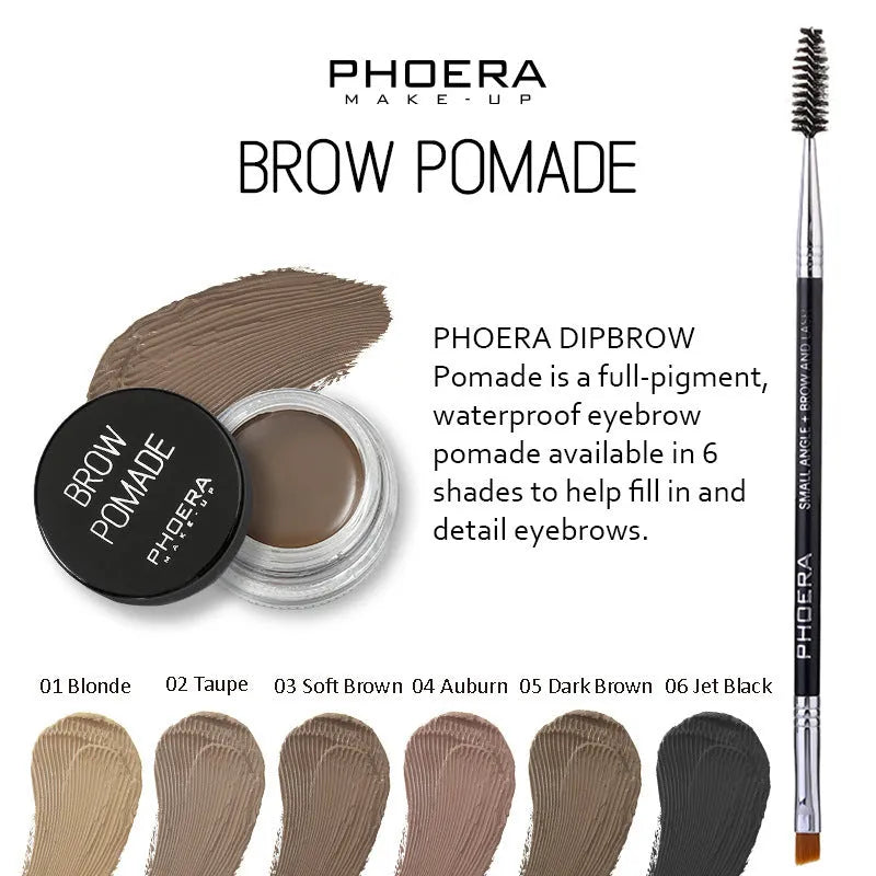 Phoera Eyebrow Cream pot with six colour swatches and double-ended brush for brow shaping