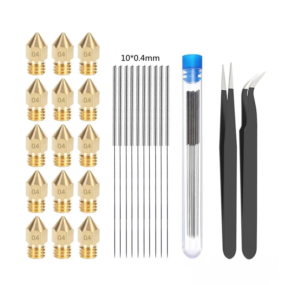 Brass MK8 3D printer nozzle and a pointed stainless steel cleaning pin on a grey background.