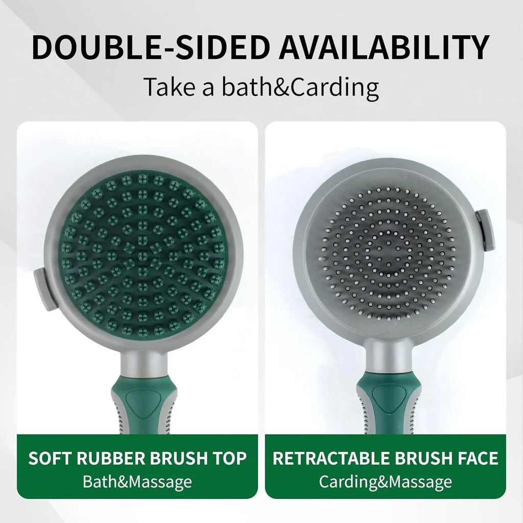 Green dual-sided pet grooming brush showing retractable slicker brush on one side and silicone massage head on other side