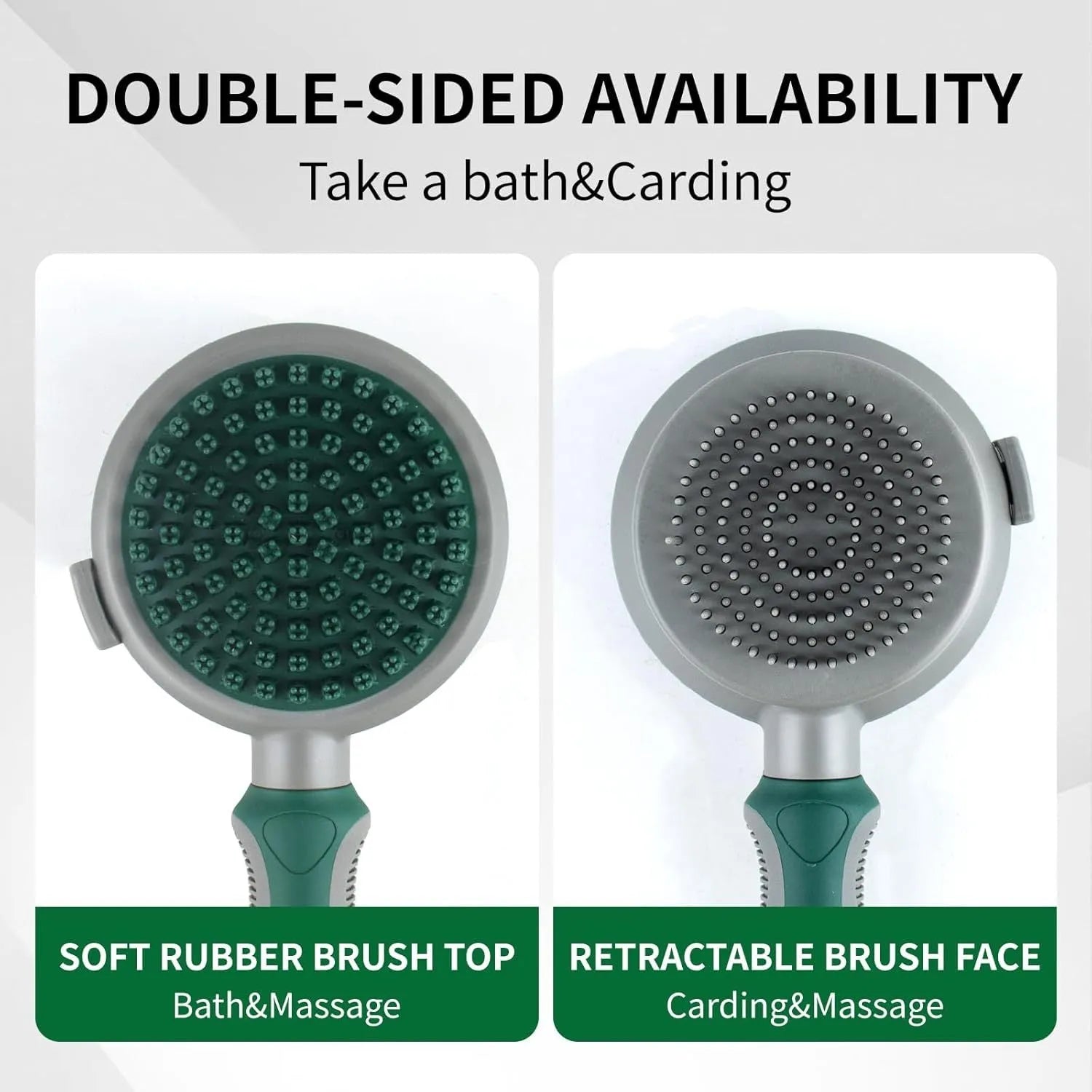 Green dual-sided pet grooming brush showing retractable slicker brush on one side and silicone massage head on other side