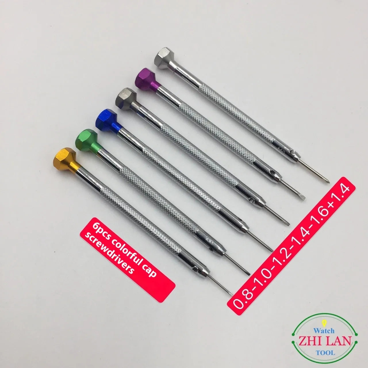 Six colour-coded aluminium suit screwdrivers for watch repair with copper handles and spring steel cutter heads