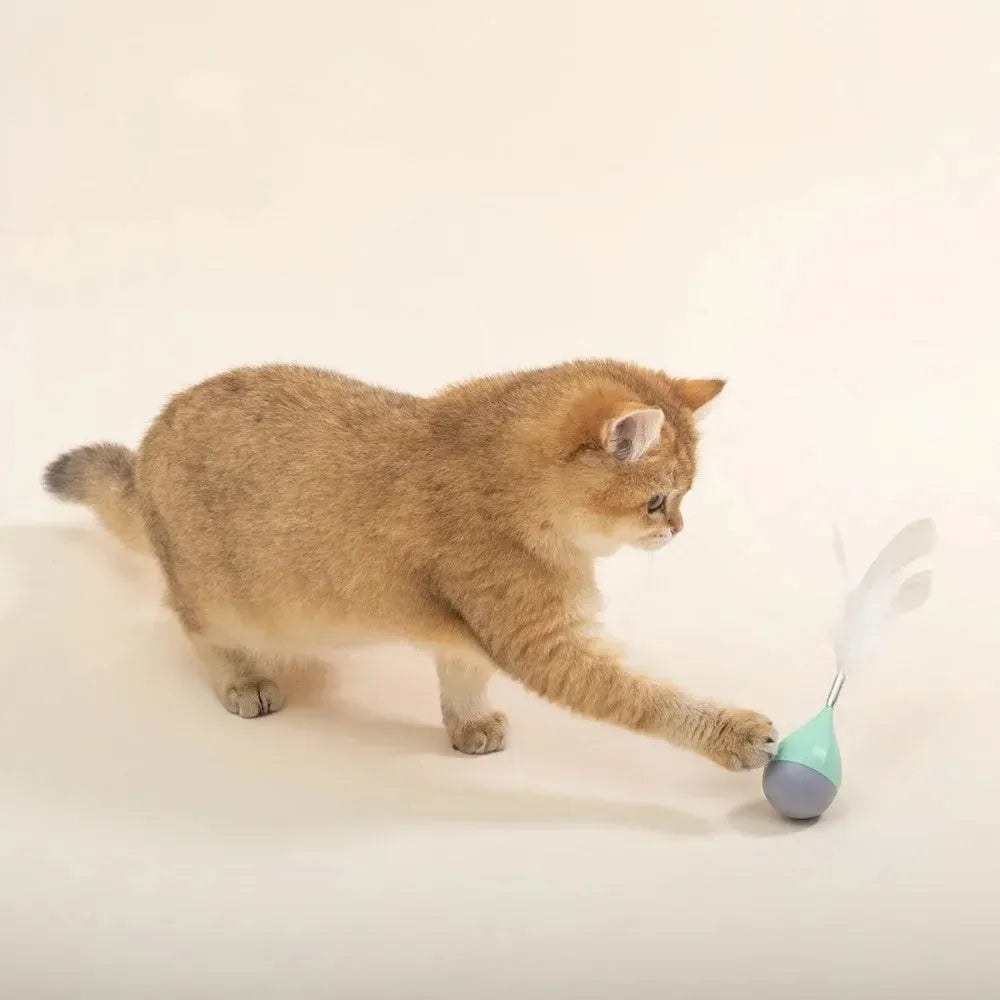 Feather tumbler cat toy with bite-resistant ABS body and goose feathers in green colour