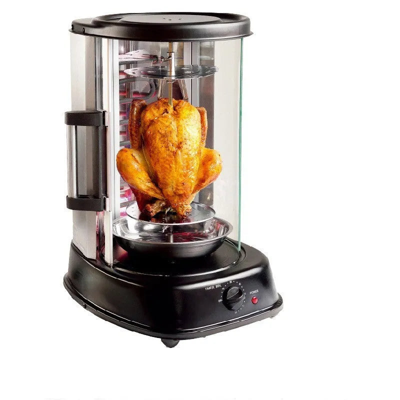 Black 21L electric rotisserie with glass door, control dials, and stainless steel interior