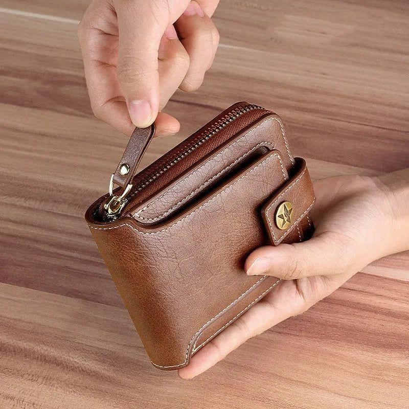 Men's short style PU bifold wallet in black with two-fold construction for card and cash storage