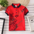 Boys short sleeve cotton t-shirt with lapel collar in solid colours red, grey, navy, or white.