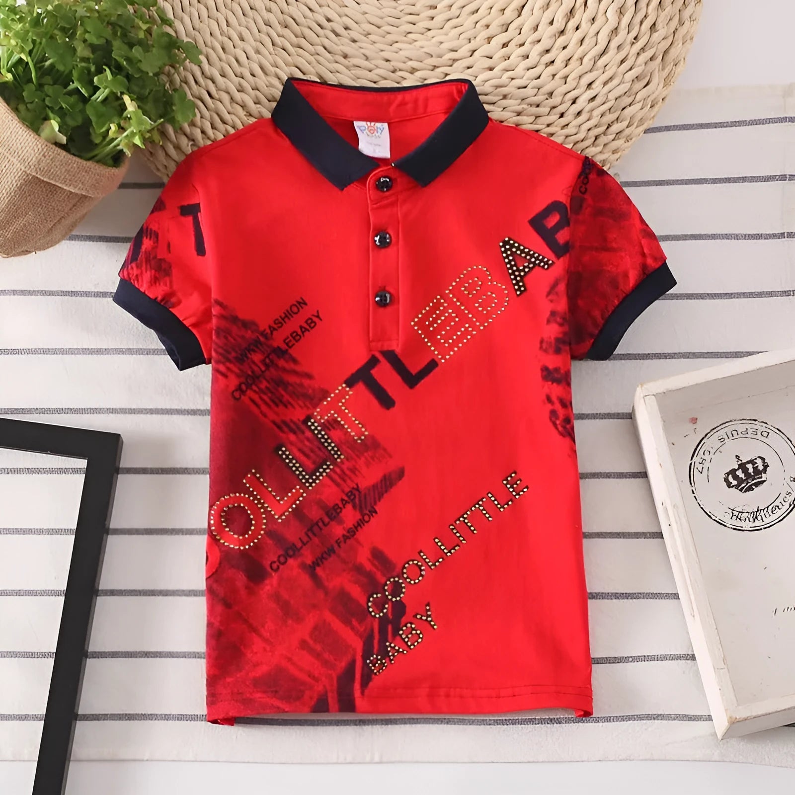 Boys short sleeve cotton t-shirt with lapel collar in solid colours red, grey, navy, or white.