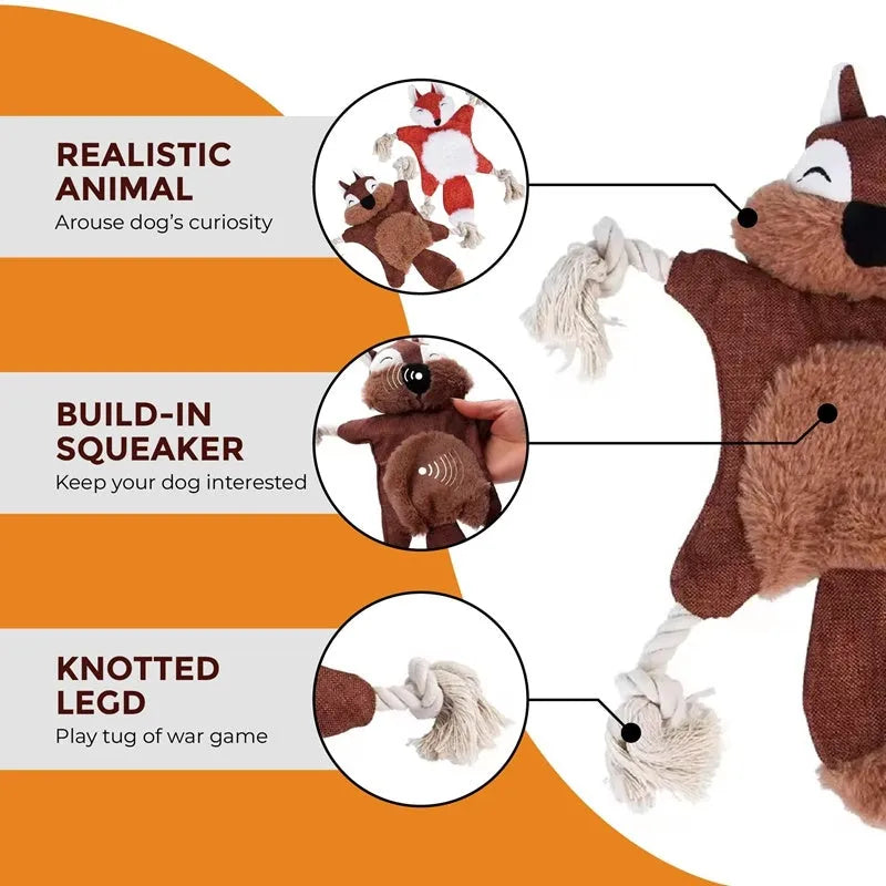 Set of six plush squeaky dog toys shaped like fox, squirrel, monkey, koala, rabbit, and tiger with rope