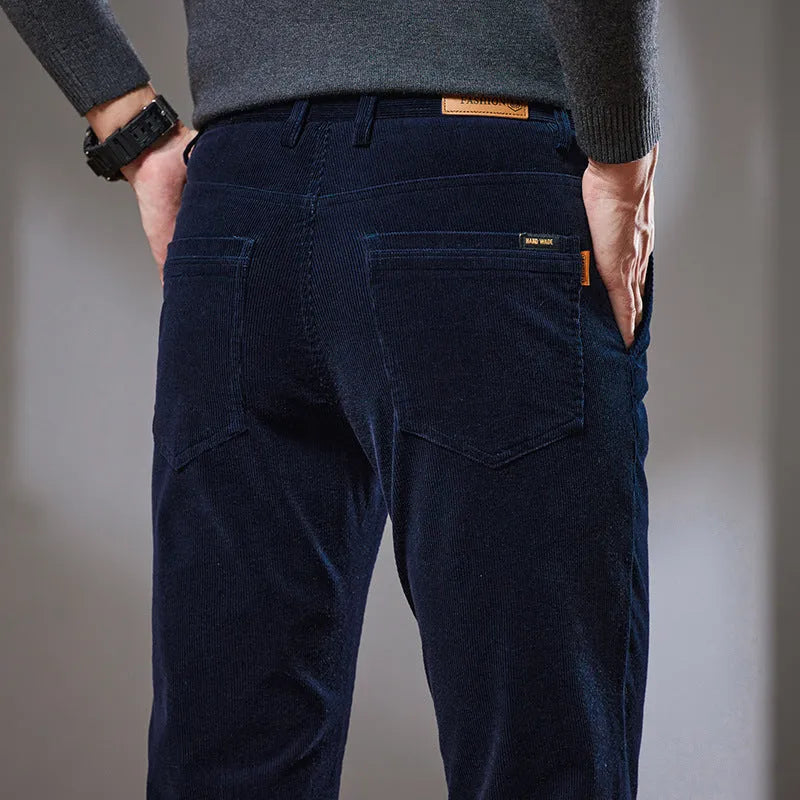 Slim fit straight corduroy trousers in black cotton fabric with mid waist, available in multiple sizes