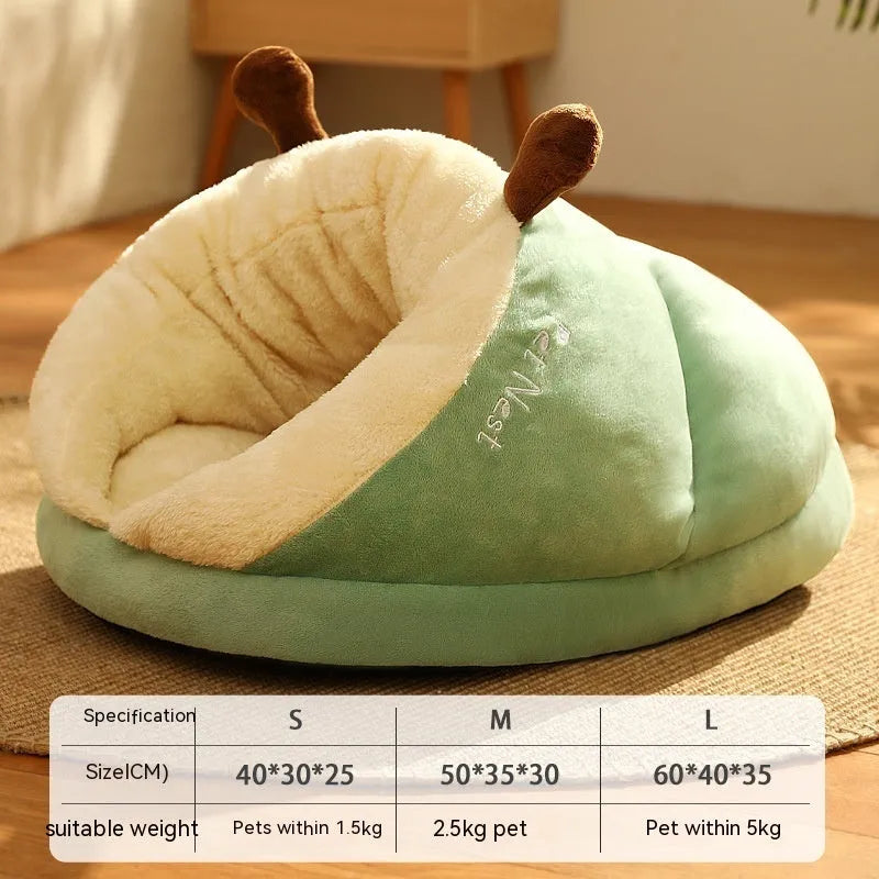 Thick warm slippers nest pet bed in avocado green with raised walls for small cats and dogs