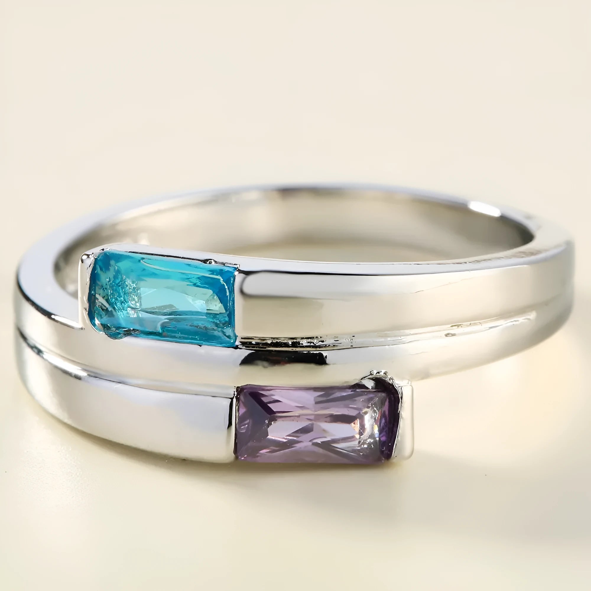 Copper ring with electroplated silver finish and zircon detailing in European-American style