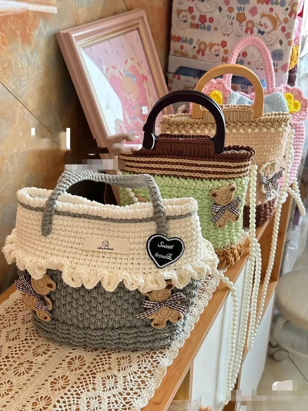 Wool crocheted bear portable shoulder bag with wooden handle and wool handle cloth