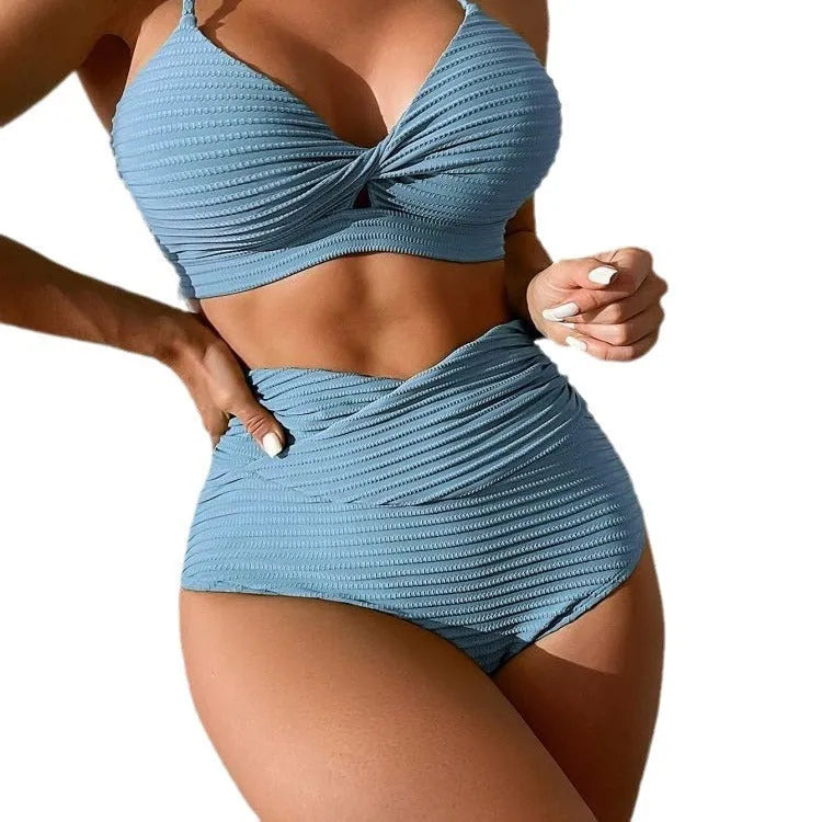 Women's solid colour polyester bikini split two-piece swimsuit in blue