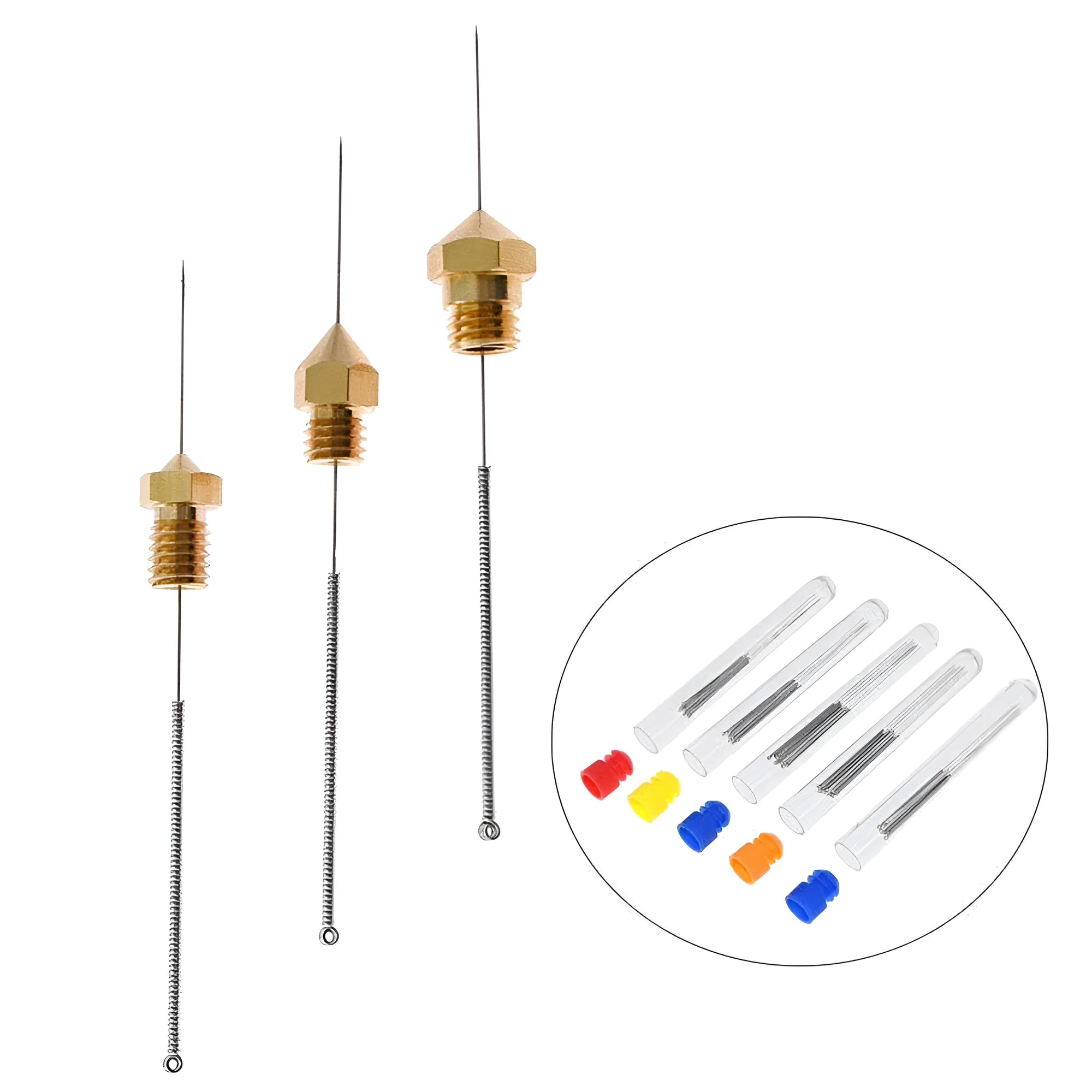 Box of ten 3D printer nozzle cleaning needles with stainless steel wires and nylon handles for E3D V6 and MK8 hotends
