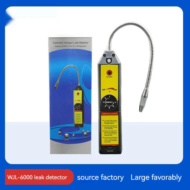 WJL-6000 electronic halogen refrigerant leak detector with extended probe on a workshop bench