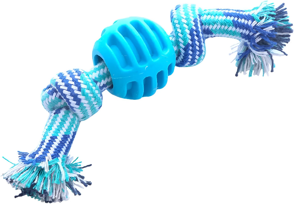 Blue dog chew toy with rope construction for dental cleaning and moderate chewing