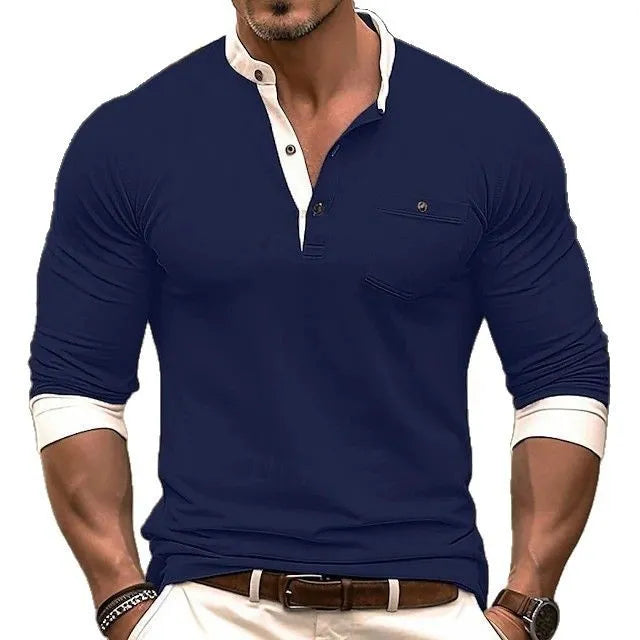 Men's solid colour cotton long sleeve round neck T-shirt on a hanger.