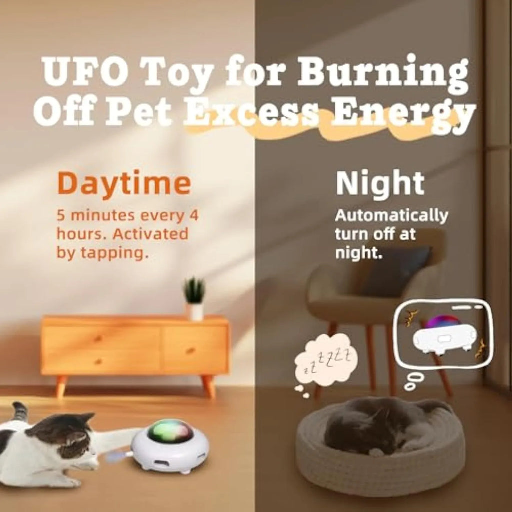 White interactive UFO cat toy with colourful LEDs and feather holes on a wooden floor