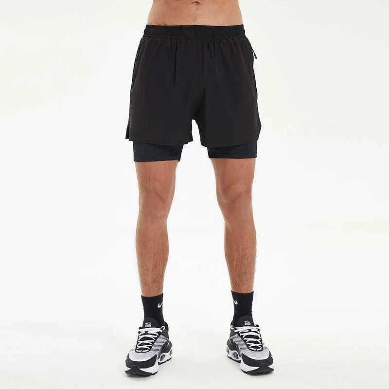 Men's double-layer sports shorts with liner, quick-dry fabric, available in black, dark gray, and light blue