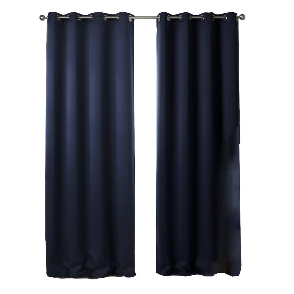 Dark blue printed blackout fabric curtain with perforated top, 140cm width