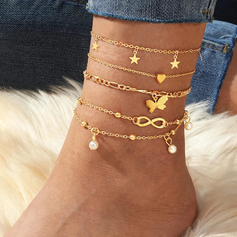 Alloy butterfly pearl heart anklet 4-piece set multi-layer simple style women's jewellery
