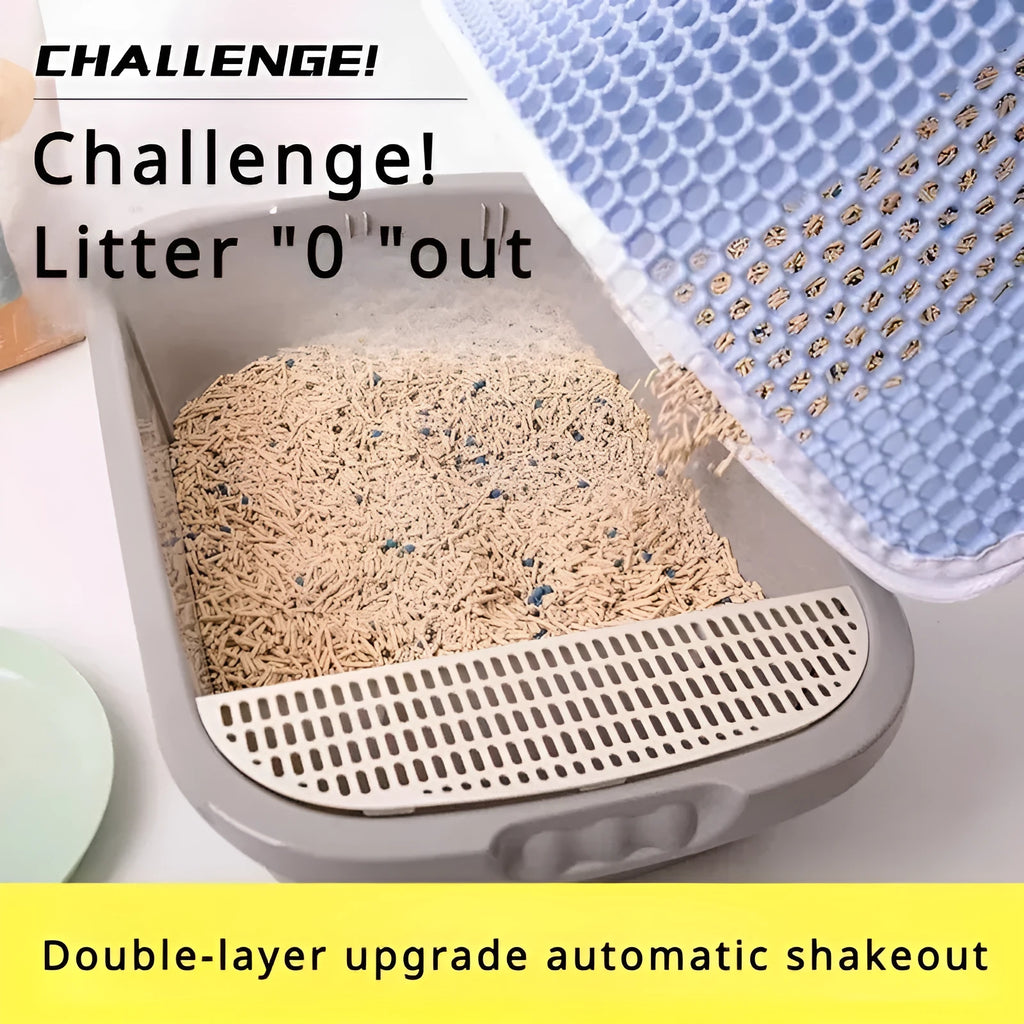 Double-layer waterproof cat litter mat with non-slip base in beige, available in multiple sizes for litter tray protection