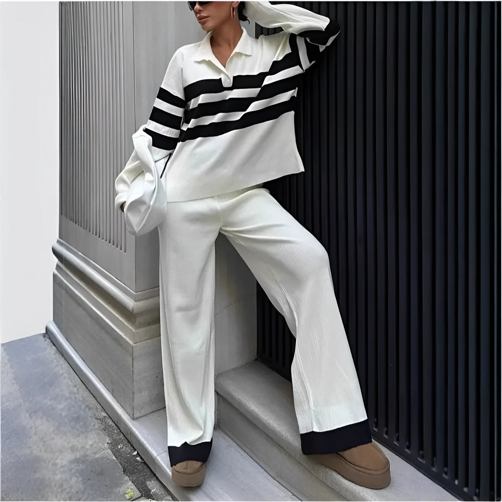 Women's black and white striped knitted polo collar shirt with matching trousers two-piece set
