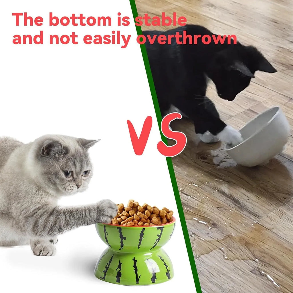 Ceramic elevated cat bowl with a tilted, widened dish and decorative pattern on a white background.
