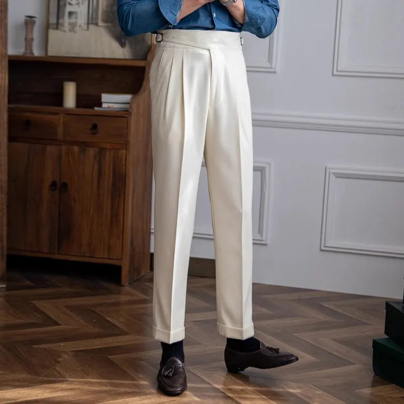 Men's high waist straight leg casual trousers in black polyester fabric