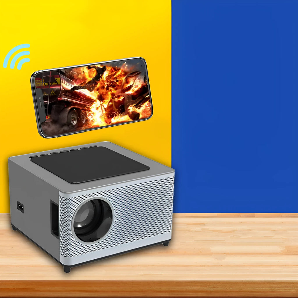 White mini portable projector with black lens and ventilation grilles on front panel