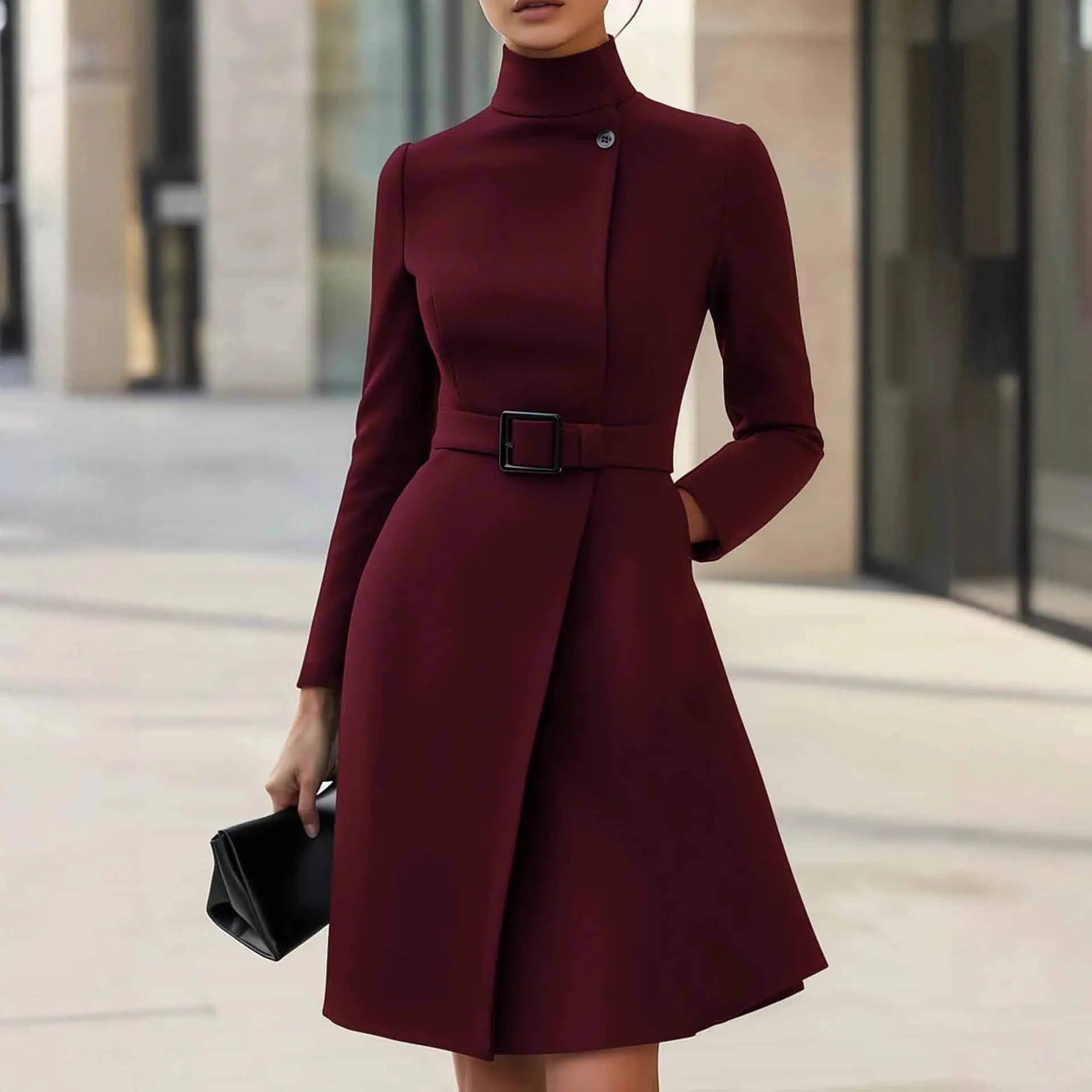Women's long sleeve high-waist casual dress in black with stand collar and zipper