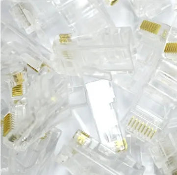 White RJ45 network modular plug with gold-plated three-fork contacts for Ethernet cable termination