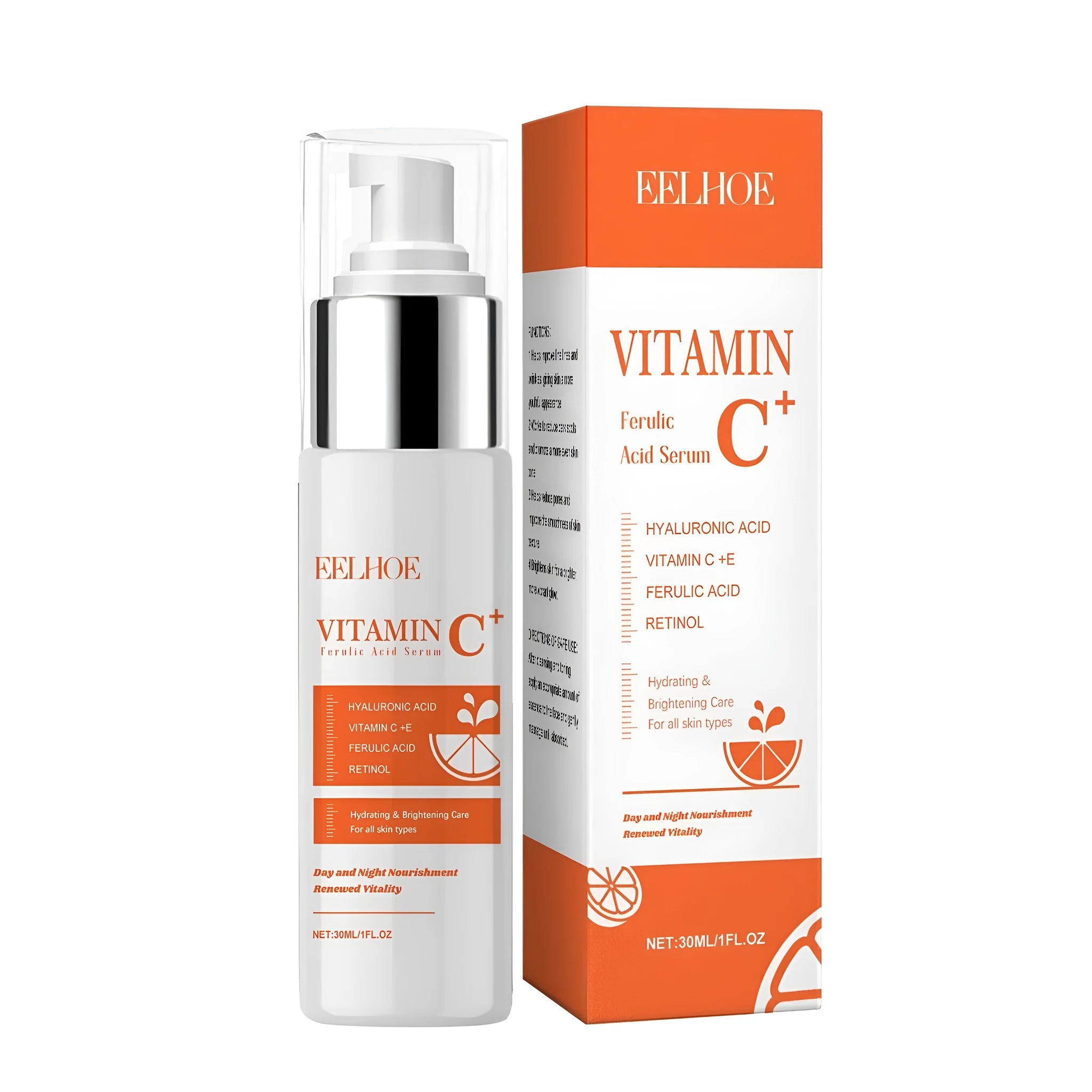 30ml bottle of Vitamin C Ferulic Acid Serum for face with hyaluronic acid and retinol.