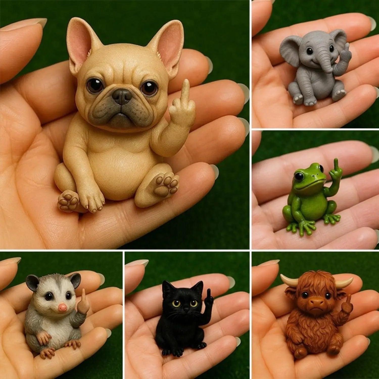 Mini resin animal doll making a vertical middle finger gesture, available in cat, dog, elephant, frog, mouse, turtle, and highland cattle designs.