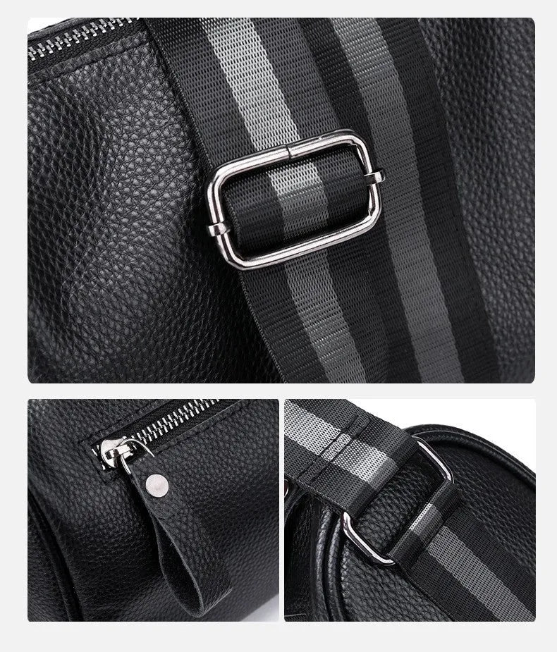 Black genuine leather one-shoulder crossbody bag showing front and strap.