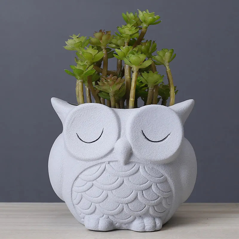 Handmade ceramic owl succulent pot in frosted finish with cartoon design