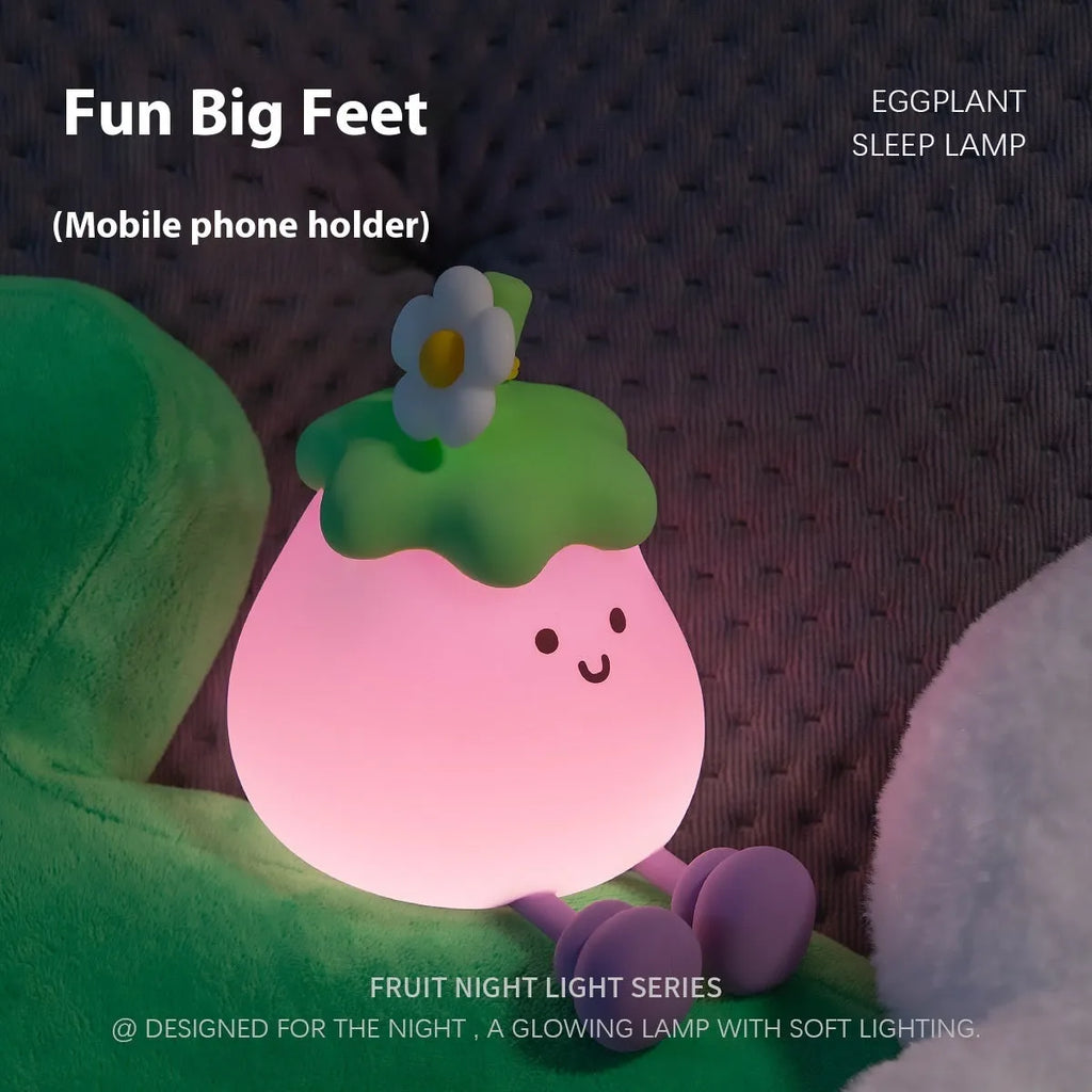 Cartoon eggplant small night lamp with soft yellow light, rechargeable 1200mAh battery, 100x138x130mm size