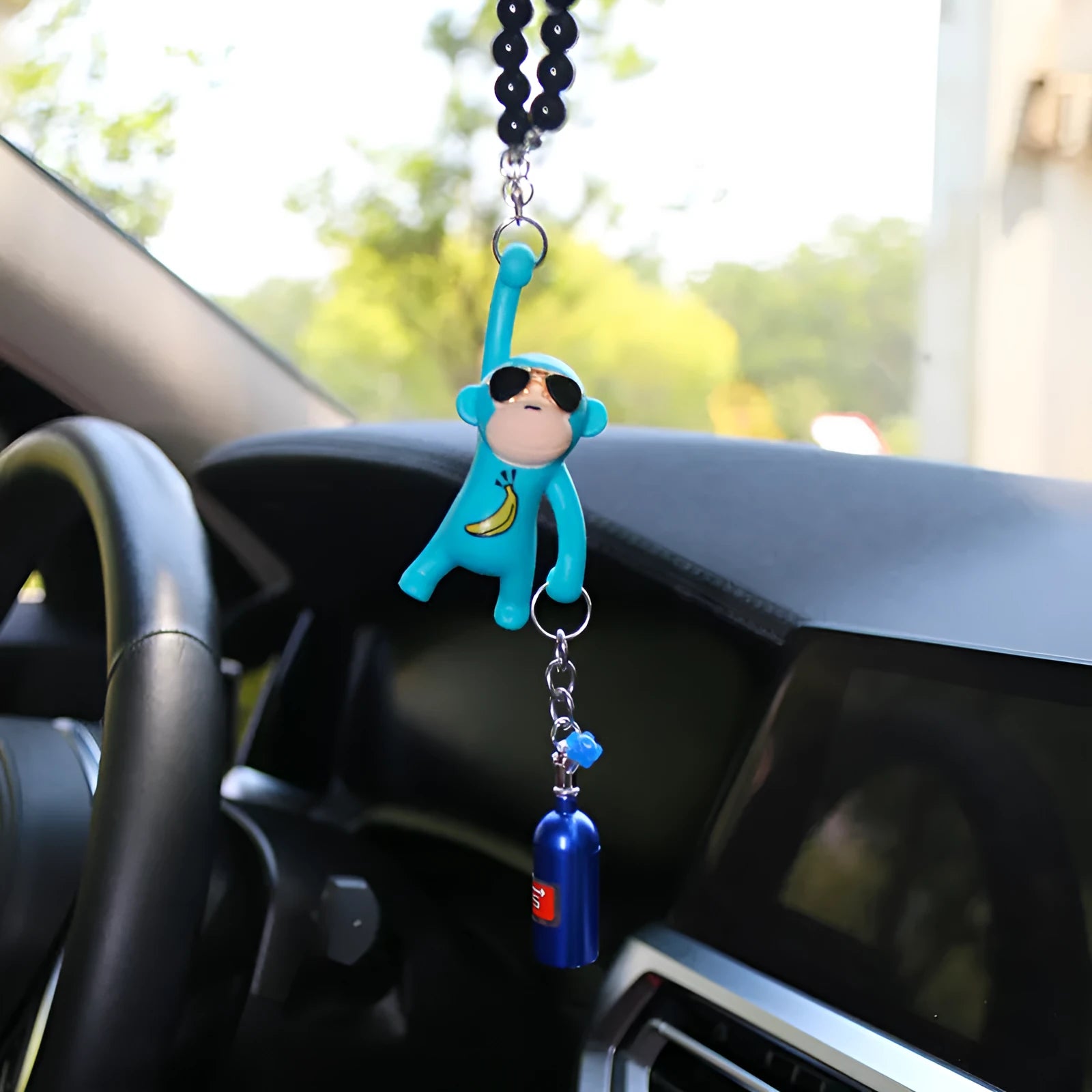 Hip-hop monkey rearview mirror pendant with sunglasses, plastic construction, bead necklace, for car interior decoration