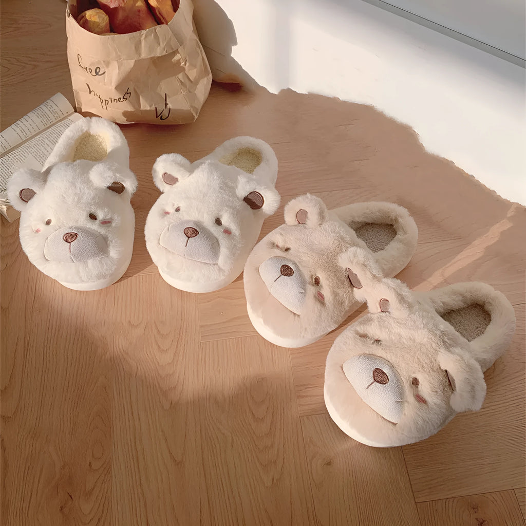 Ladies suede plush slippers in khaki with round toe and cute cartoon pattern