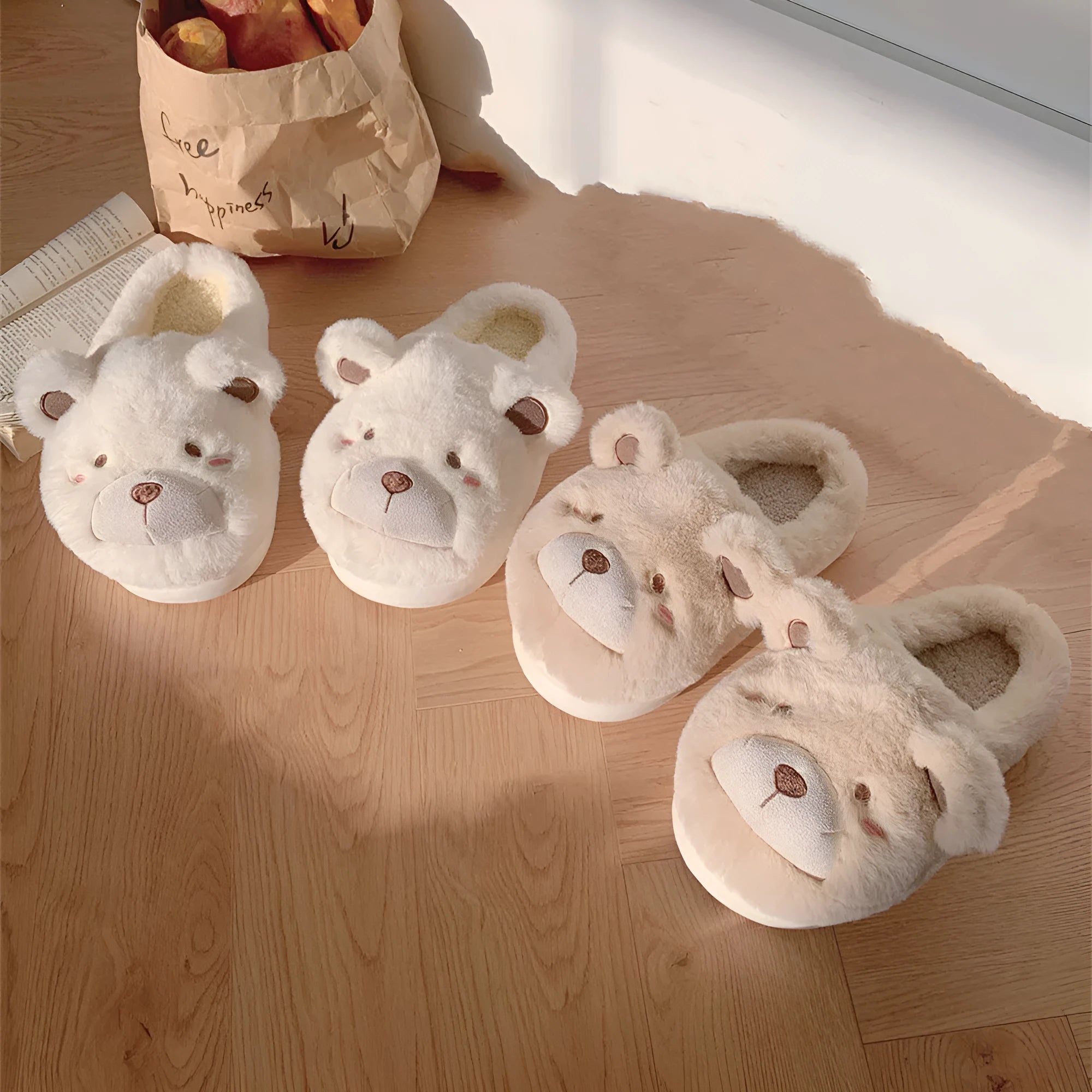 Ladies suede plush slippers in khaki with round toe and cute cartoon pattern