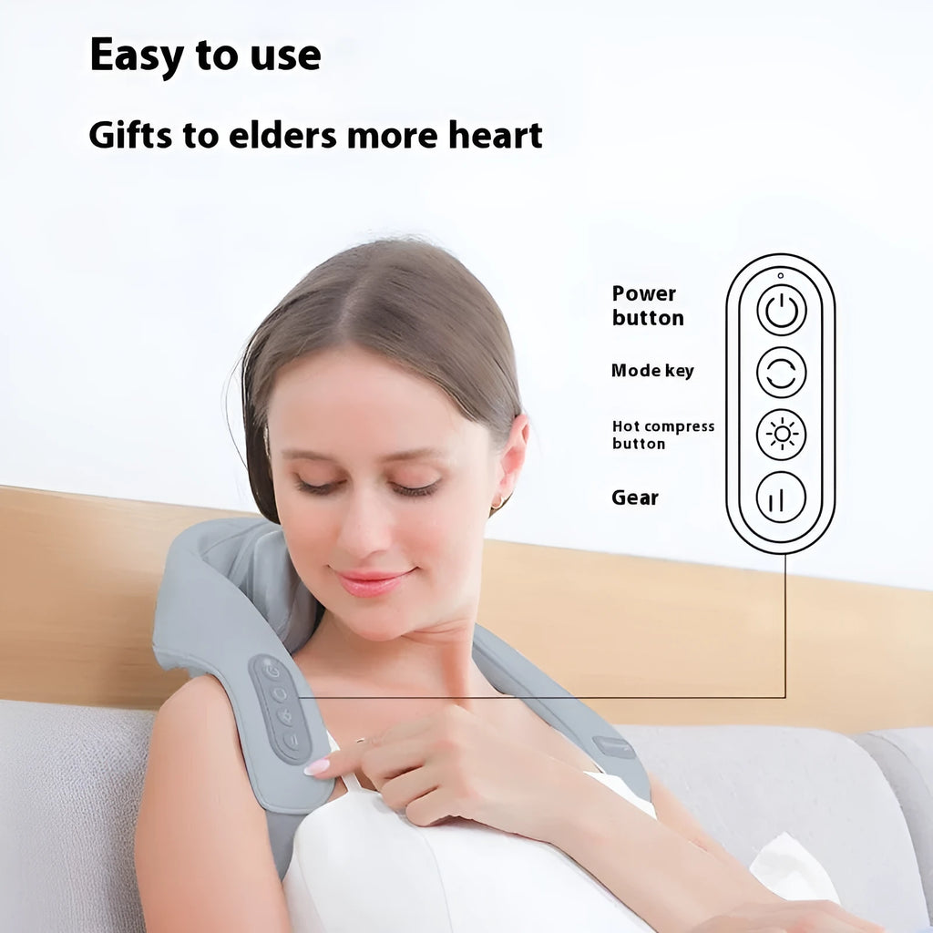 Gray multifunctional neck back waist massager with elastic fabric and infrared physiotherapy features