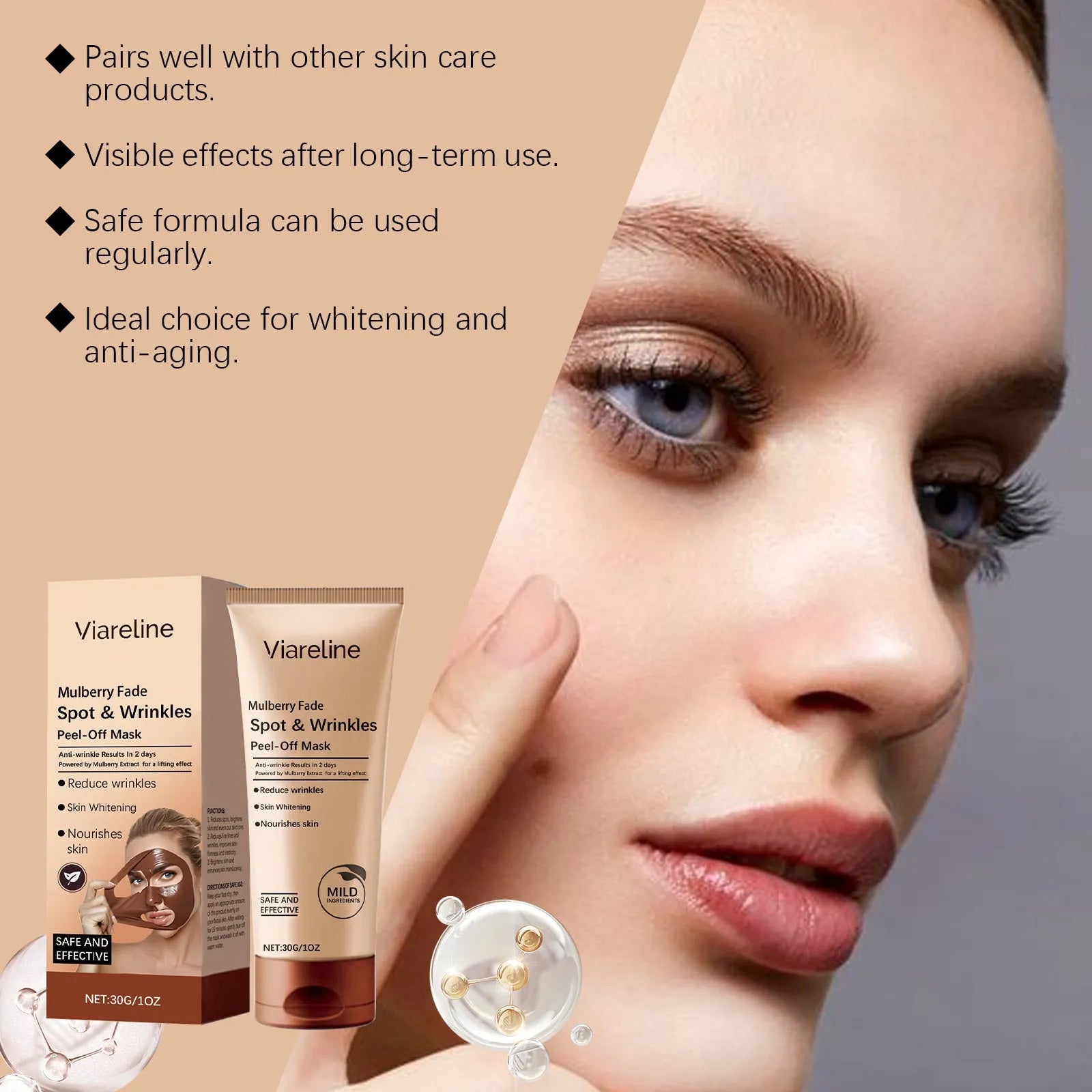Single 30g facial mask sheet for wrinkle fading and skin firming with collagen and hyaluronic acid