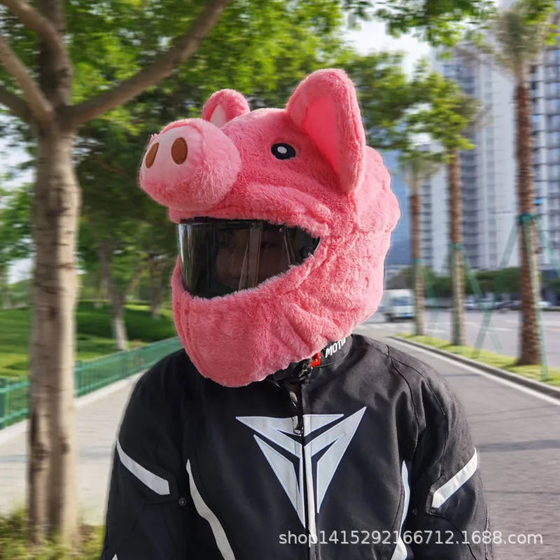 Pink pig cartoon design motorcycle helmet protective hood made from soft pv velvet cloth
